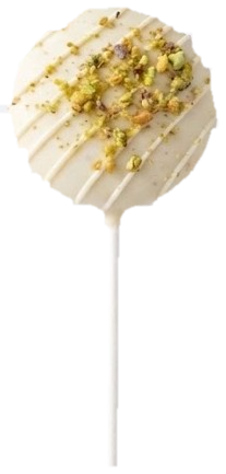 Saffron and cardamom cake pop, white chocolate shell topped with crushed pistachio