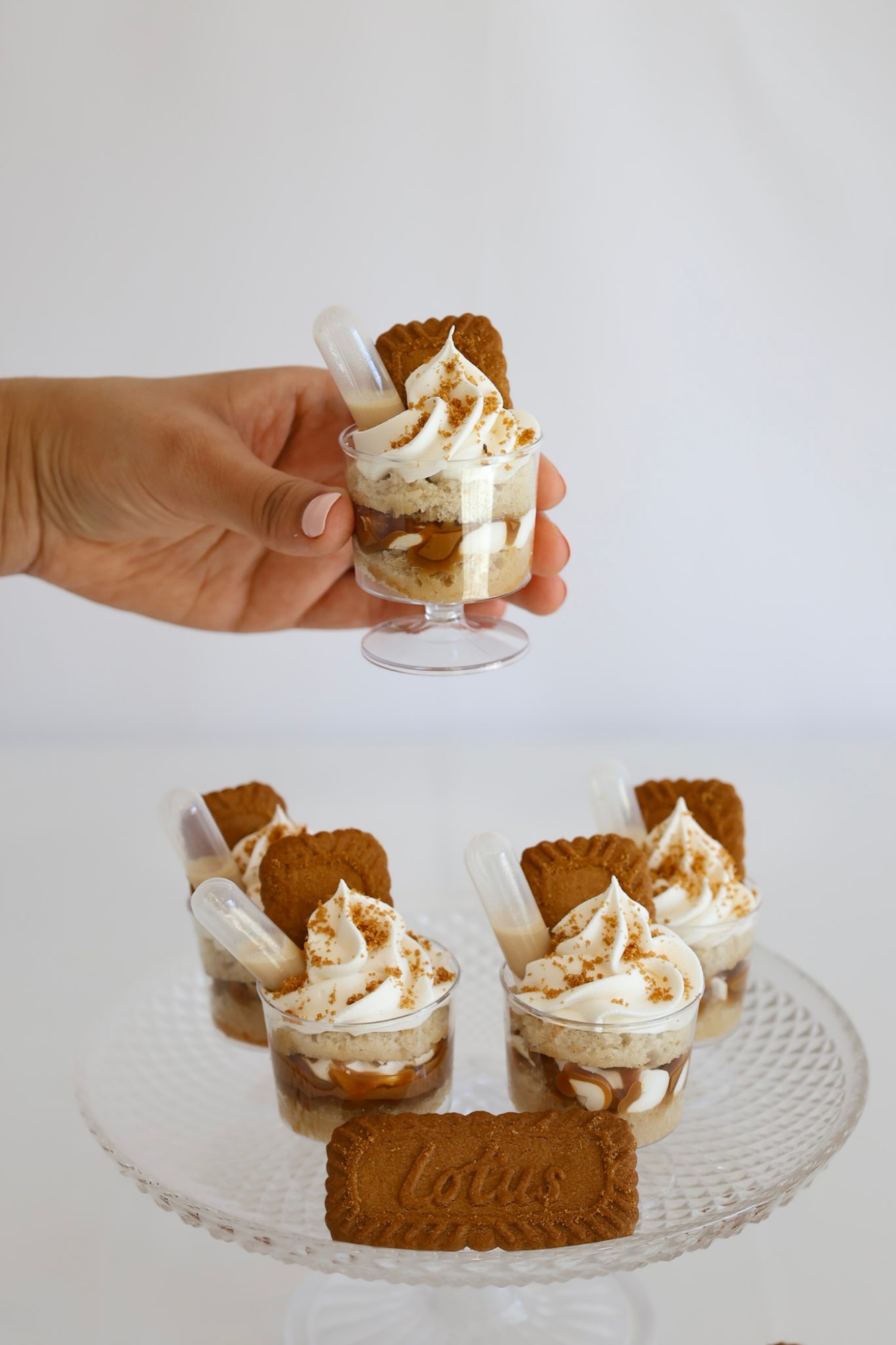 Biscoff caramel dessert cups topped with whipped cream, cookie crumbs, and a Lotus cookie